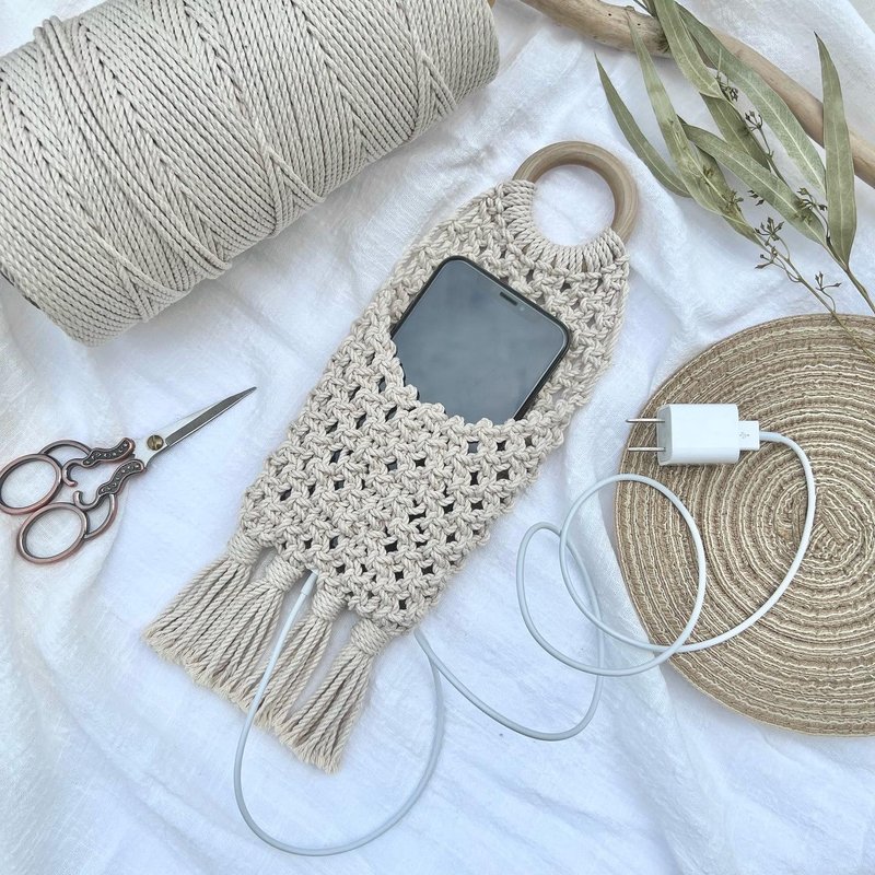 macrame wooden ring woven storage bag x mobile phone storage bag - Storage - Cotton & Hemp White