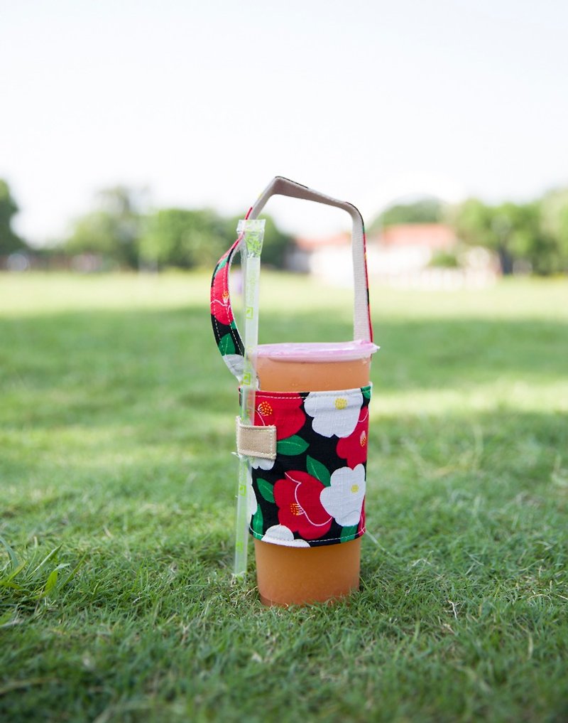 (Flower flower cluster) Green cup set drink cup set drink bag - Beverage Holders & Bags - Cotton & Hemp Red