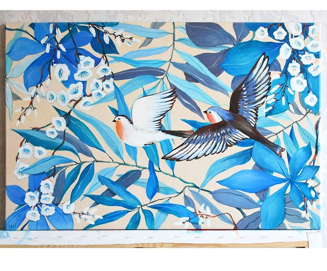 2羽の鳥の絵 50x75cm オリジナル アクリル画 ジャングルの絵
