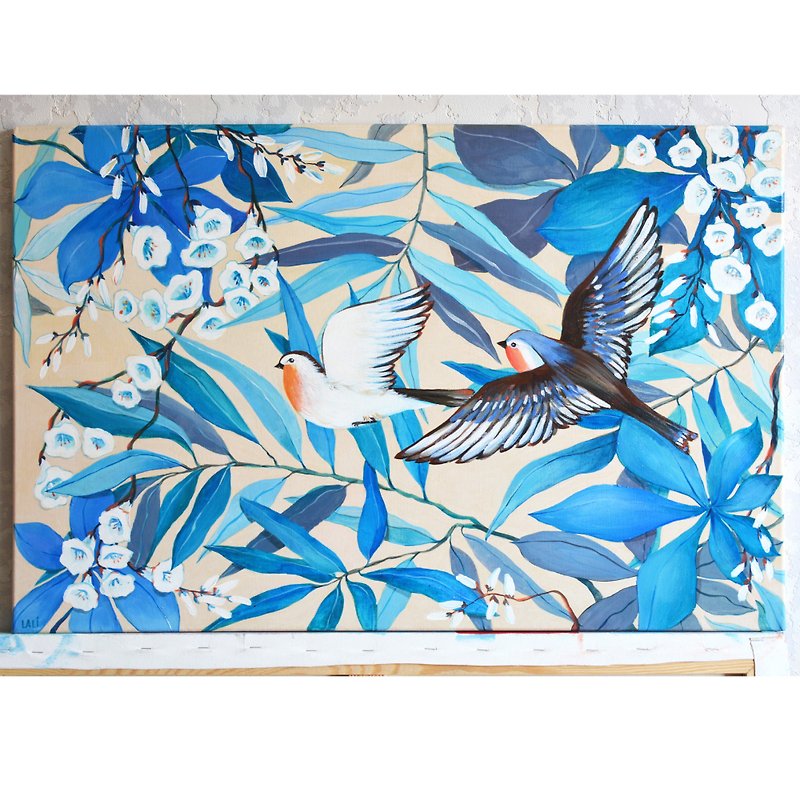 2羽の鳥の絵 50x75cm オリジナル アクリル画 ジャングルの絵 - イラスト/絵画/カリグラフィー - その他の素材 ブルー