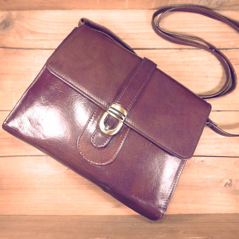 [Bones] La Donna brown leather side bag genuine antique print bag Vintage - Messenger Bags & Sling Bags - Genuine Leather Brown