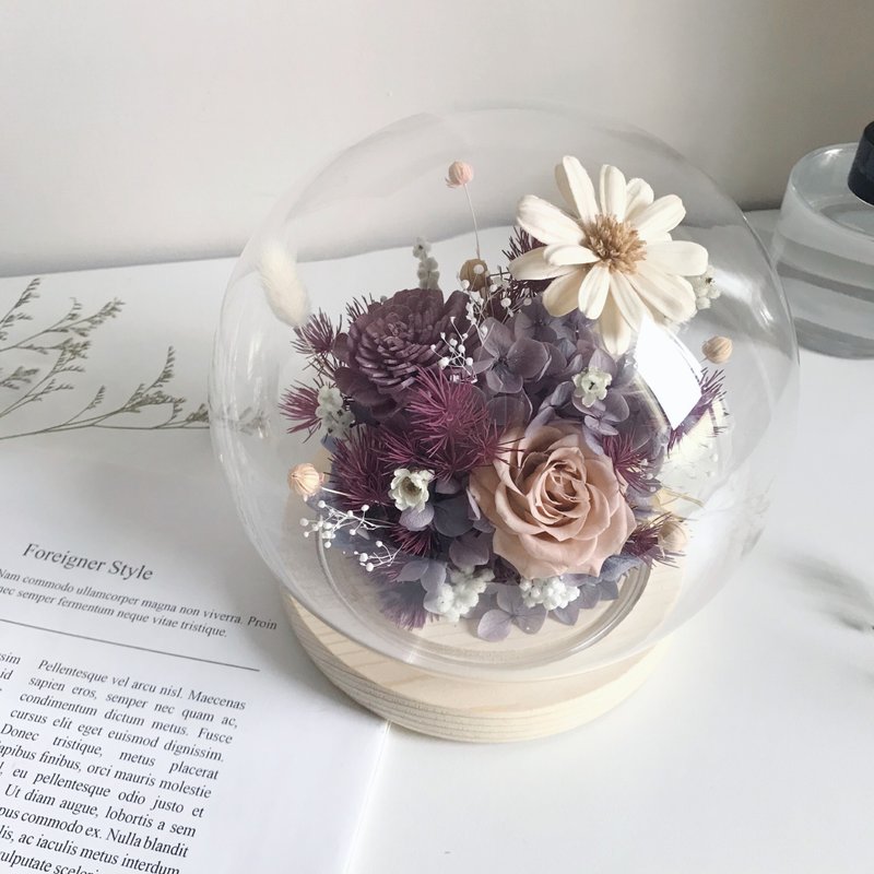 Purple Pink Preserved Flower Night Light Round Glass Bell Jar with Box Birthday Anniversary Promotion Opening - Dried Flowers & Bouquets - Plants & Flowers Multicolor