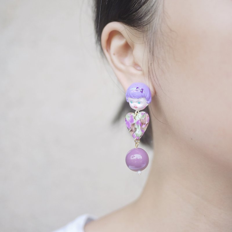 Clay purple doll cute girl patch ear clip earrings - Earrings & Clip-ons - Clay Purple