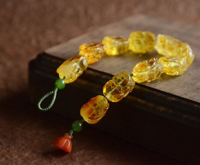 琥珀貔貅】Amber 天然琥珀手工雕刻貔貅古典文藝手鏈山木手作