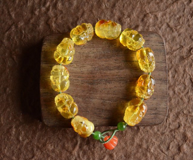 琥珀貔貅】Amber 天然琥珀手工雕刻貔貅古典文藝手鏈山木手作