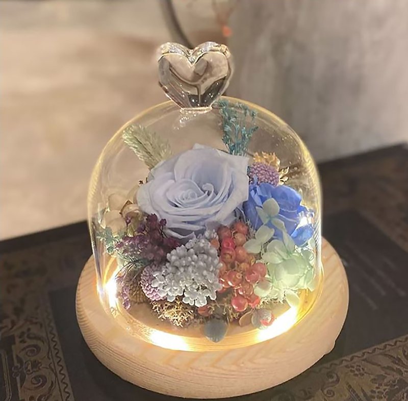 永生花玻璃盅 原木槽燈 心型  情人節 夜燈 客製化禮物 - 乾燥花/永生花 - 植物．花 紅色