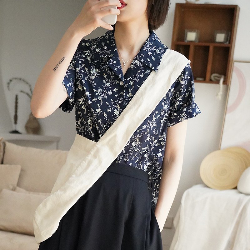Navy Blue Short Sleeve Floral Shirt | Shirt | Summer | Cotton | Sora-469 - Women's Shirts - Cotton & Hemp 