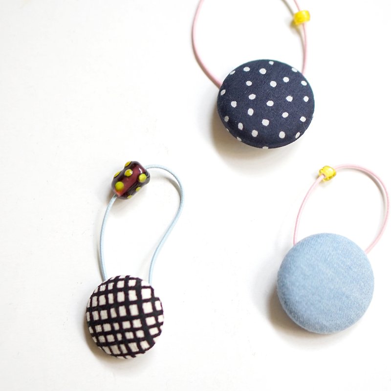 Yinke round biscuit hair circle with blue and black dots, light blue denim, black and white plaid, blue dots on white - Hair Accessories - Cotton & Hemp Blue