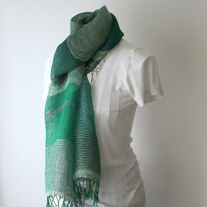 【French Linen & Hemp: All Season】 Unisex: Hand-Woven Stole "Green Mix" - Scarves - Cotton & Hemp Green