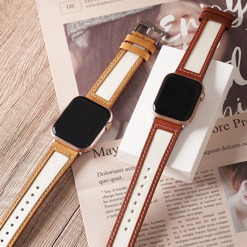 AppleWatch-革縫いカバーキャンバスAppleWatch Band - 時計ベルト・時計バンド - 革 ブラウン