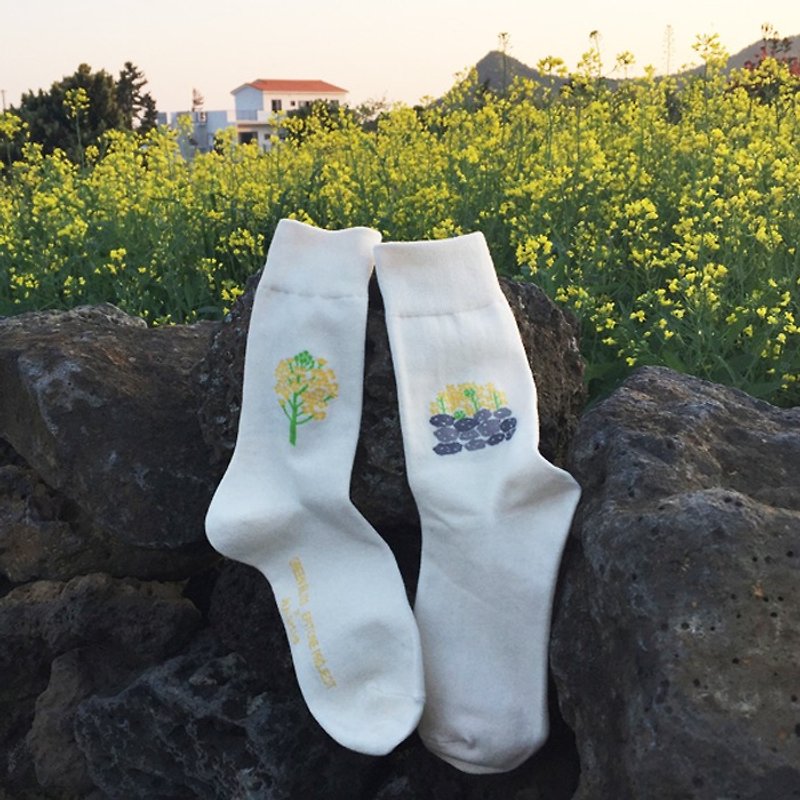 Joint series EPITONE PROJECT Rape Flower in beige rapeseed - ถุงเท้า - ผ้าฝ้าย/ผ้าลินิน ขาว