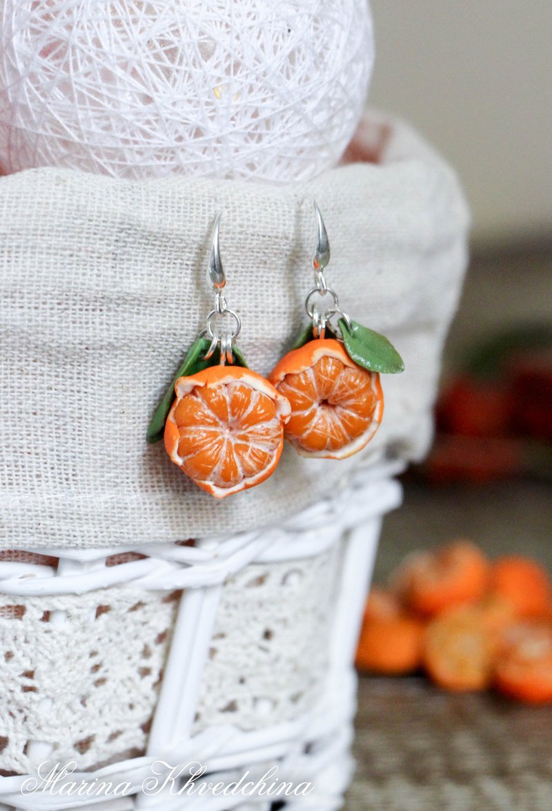 Mandarin earrings Mandarin Tangerine Jewelry Jewelry gift for her - 耳環/耳夾/耳骨夾 - 黏土 橘色