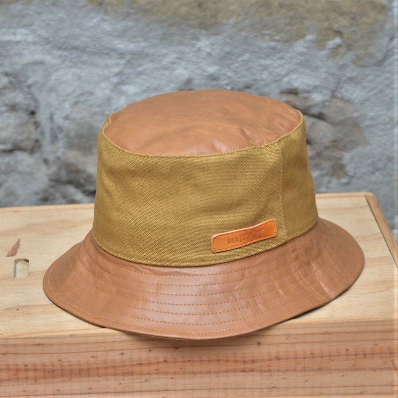 MAJORLIN fisherman hat camel leather and wine bag cloth double material retro style fashionable hat - Hats & Caps - Genuine Leather Orange