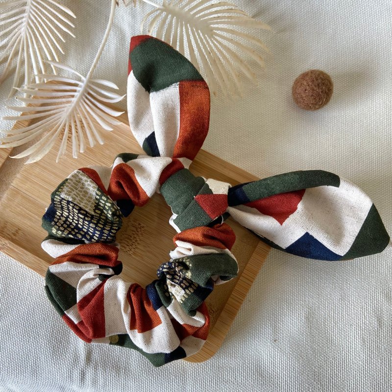大腸圈/兔耳大腸圈/髮束/拼接色塊-磚紅 綠 - 髮夾/髮圈 - 棉．麻 多色