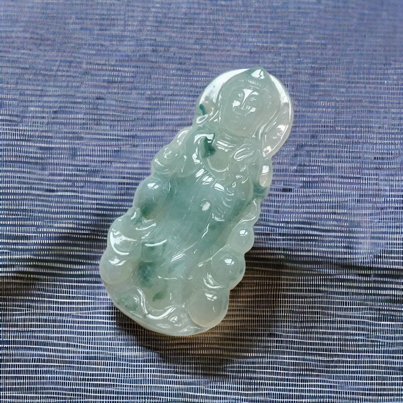 冰種飄藍花翡翠觀音菩薩 | 天然緬甸玉翡翠A貨 | 送禮 - 其他 - 玉石 綠色