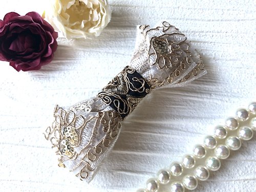 flor-accessory バレッタ リボン 刺繍 ホワイト ゴージャス