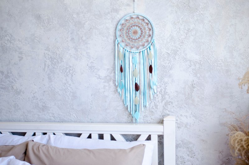 Large Baby blue mandala dream catcher boho nursery ฝันจับมันดาลา - 壁貼/牆壁裝飾 - 繡線 藍色