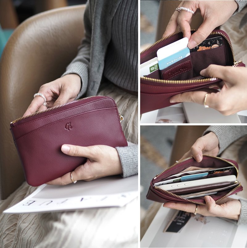 Doona (Burgundy): Long wallet, zip wallet, soft cow leather, Slim , Dark Red - 錢包/皮夾/長短夾 - 真皮 紅色