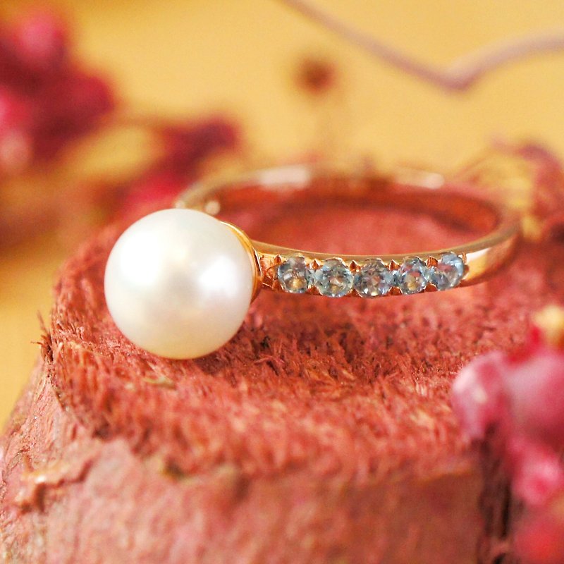 VICTORIA - 7mm Round Freshwater Pearl with Blue Topaz 18K Rose Gold Plated Silver Ring - General Rings - Gemstone Blue
