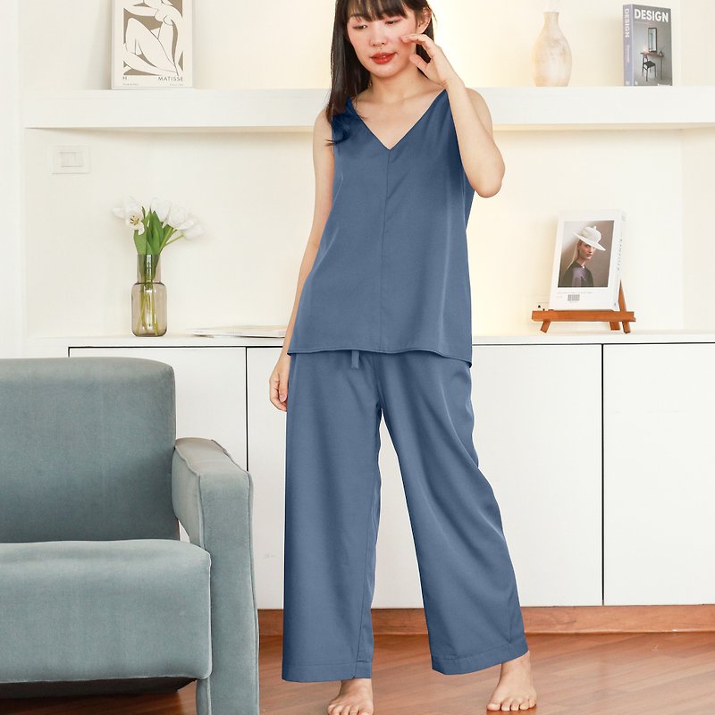 Heima italian silk set with side body seamless design/ Indigo blue - Loungewear & Sleepwear - Polyester Blue