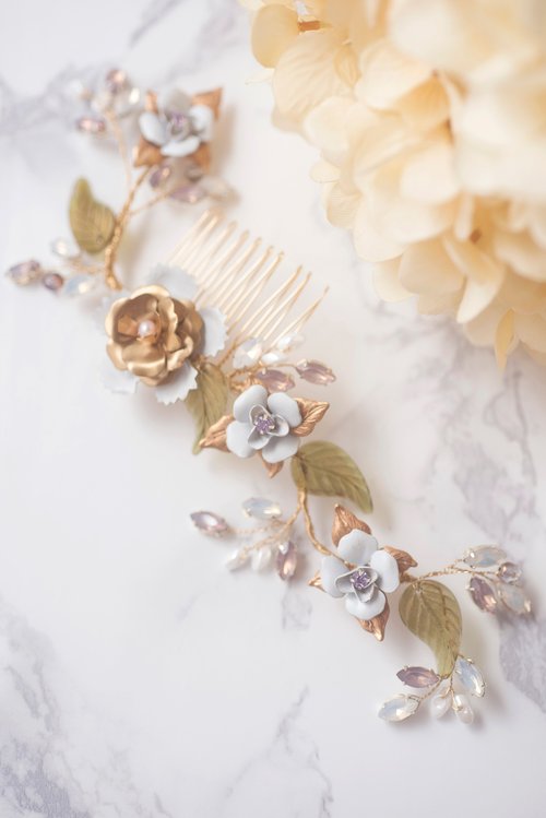 オリーブスワール手作りの漆塗りの銅の花オリーブの葉チェコの水晶の装飾品/結婚式の頭飾り/ブライダルの頭飾り