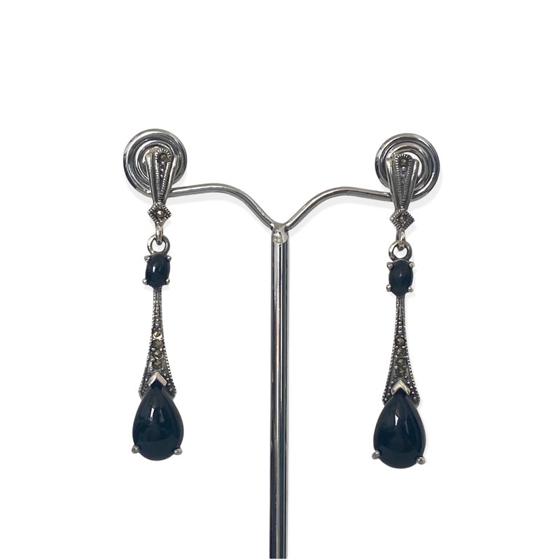 Art Deco Style Long Teardrop Earrings Black Onyx & Marcasite 925 Sterling Silver - 耳環/耳夾/耳骨夾 - 純銀 黑色