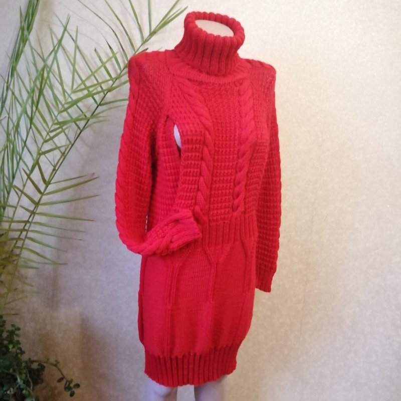 Red Women Knitted Nursing Dress Wool Sweater-Turtleneck Maternity Tunic Braids - Other - Wool Red