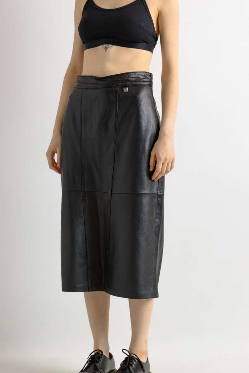 80s Leather Midi Skirt / High Waist Leather Midi Skirt Medium 7029 - กระโปรง - หนังแท้ สีดำ