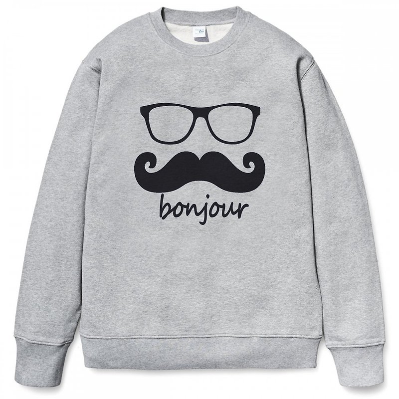 bonjour 大學T 刷毛 灰色 法國 鬍子 鬍鬚 復古 眼鏡 文青 藝術 設計 原創 品牌 時髦 - T 恤 - 棉．麻 灰色