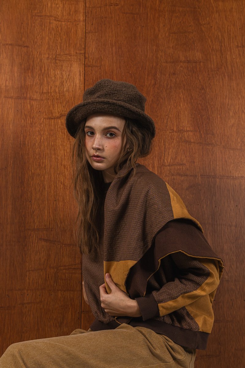 patchwork layered top 拼接層次上衣 披肩組合 - 女上衣/長袖上衣 - 棉．麻 咖啡色