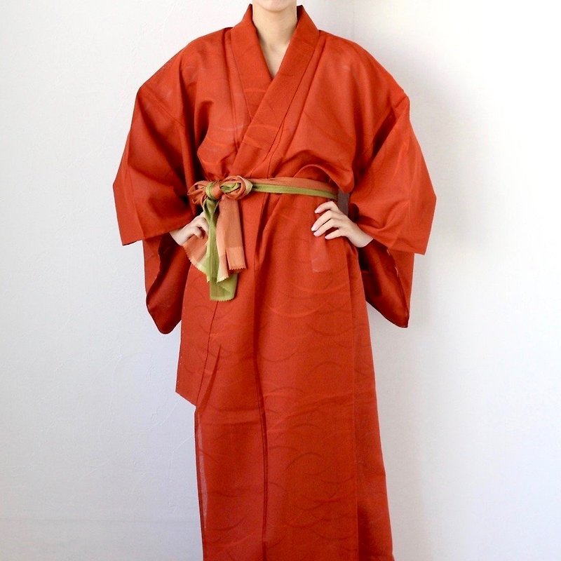 summer kimono, EXCELLENT VINTAGE, Japanese kimono, sheer kimono /3179 - ชุดราตรี - เส้นใยสังเคราะห์ สีส้ม