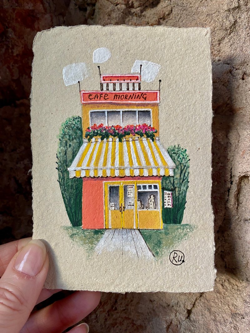 Cafe painting Original art Mini artwork on recycled paper by Rubinova - 海報/掛畫/掛布 - 紙 多色