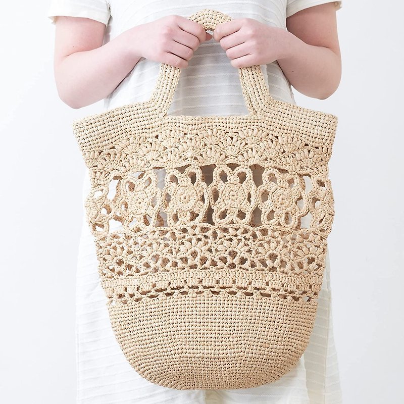 Anemone Bag - Natural raffia hand crochet straw bag - กระเป๋าถือ - วัสดุอีโค สีนำ้ตาล