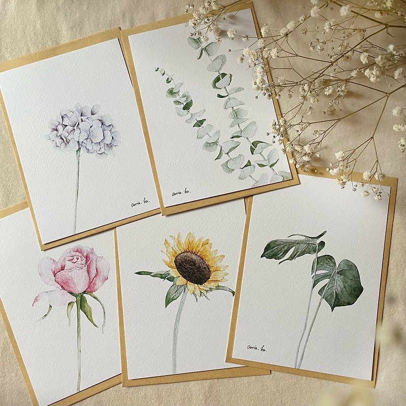 Paper Cards & Postcards - Flowers Travel / Hand-painted postcard universal card (group of five)