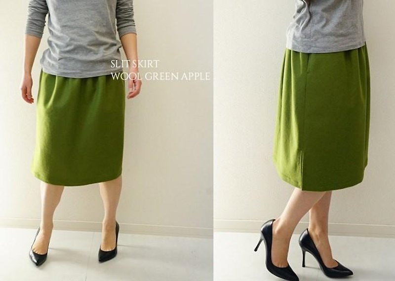 wool (wool) waist skirt belt loop lining skirt with slit pockets / Green Apple sk4-11 - กระโปรง - วัสดุอื่นๆ 