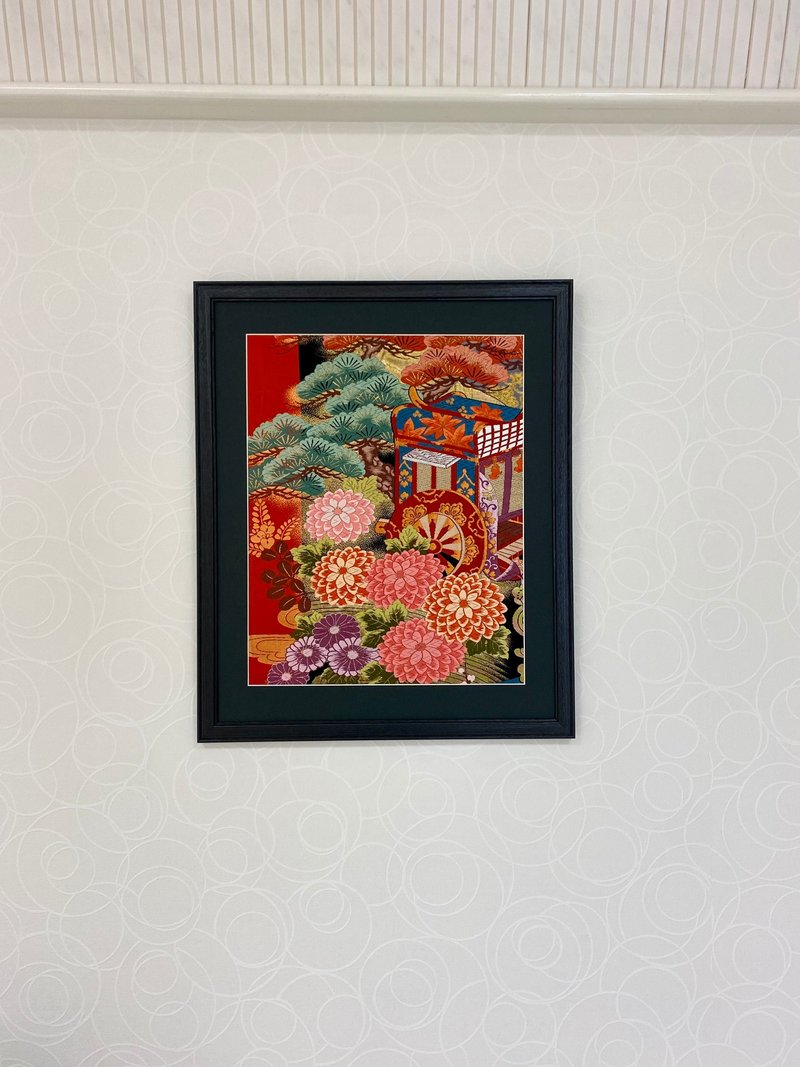 The art panel made from Japanese bride Kimono　Gosho Guruma　014 - Wall Décor - Silk Red