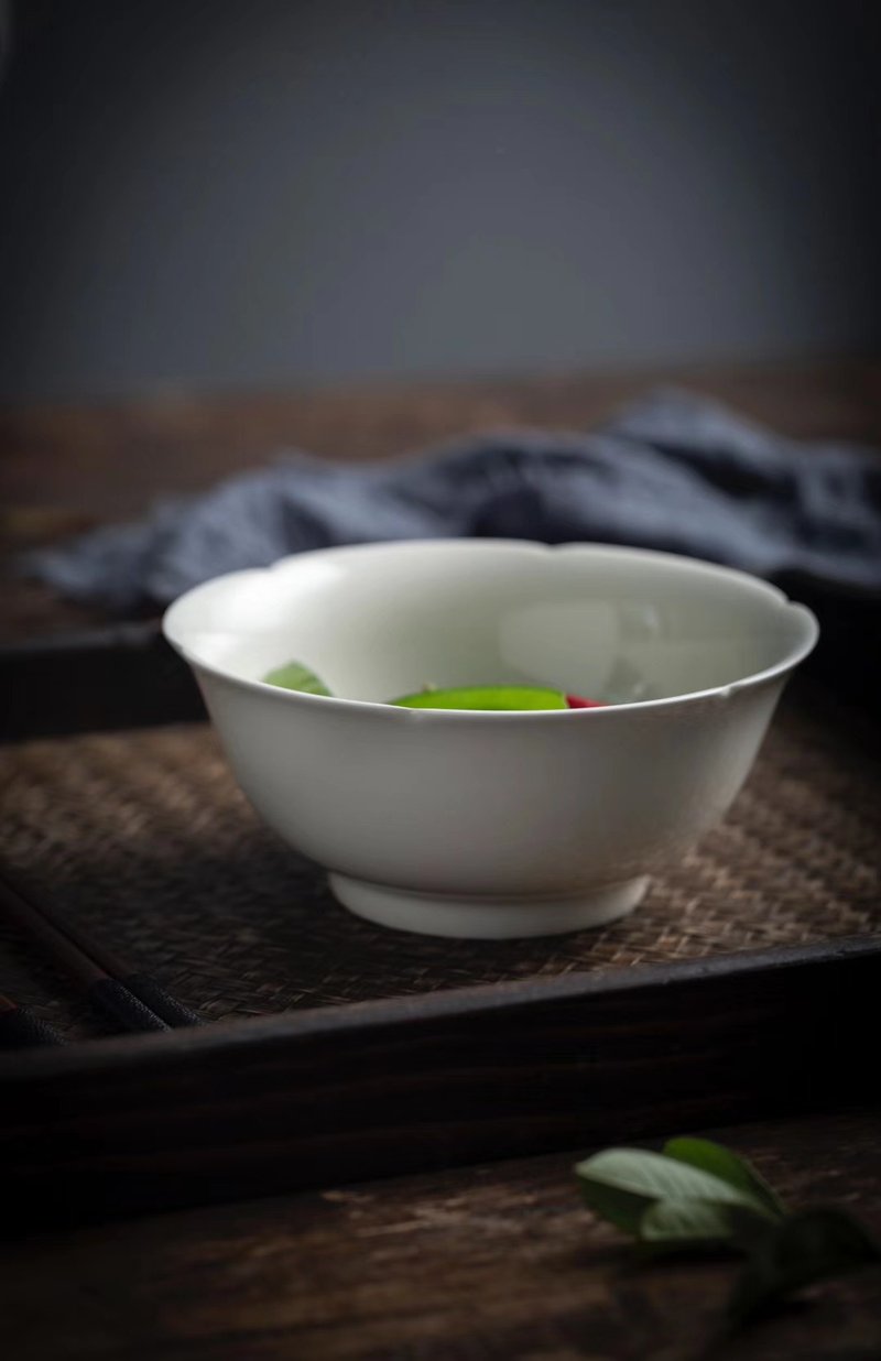 Kuikou Rice Bowl Rice White Glazed Tableware Chinese Song Landscape Dezhen White Porcelain - ถ้วยชาม - เครื่องลายคราม 