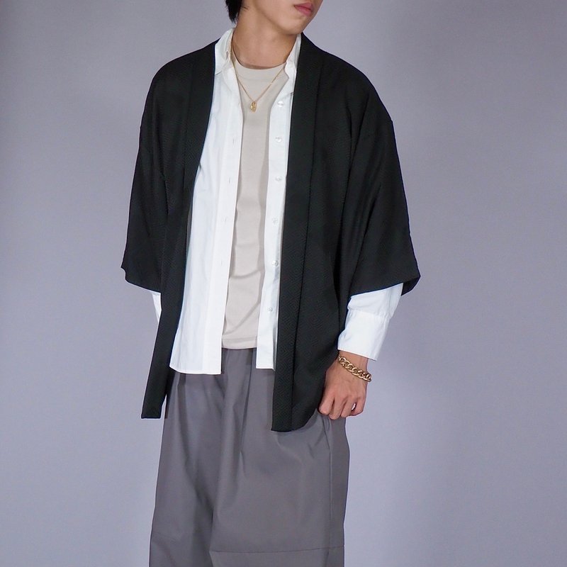 【日本製造】80 年代復古黑色外套男士、和服夾克、吉祥圖案 - 男夾克/外套 - 絲．絹 黑色