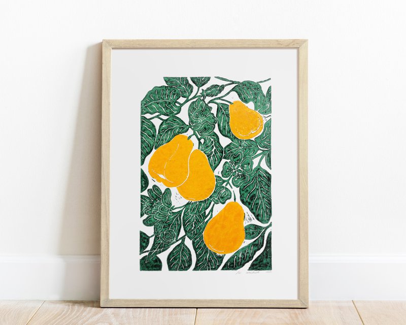 Pears linocut print Botanical wall art for Modern kitchen decor Original artwork - โปสเตอร์ - กระดาษ สีเขียว