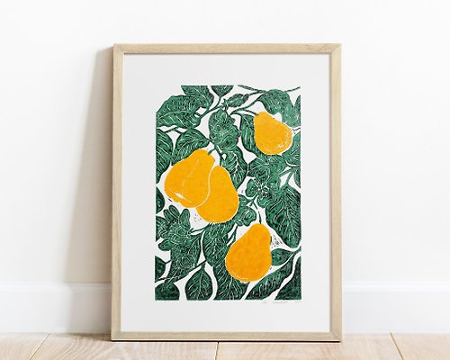 daashart Pears linocut print Botanical wall art for Modern kitchen decor Original artwork