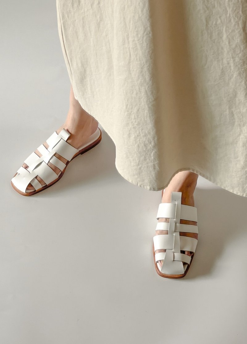 A little fashionable oil-tanned and old-fashioned square-toe woven leather-soled slippers hand-made white - Women's Leather Shoes - Genuine Leather White