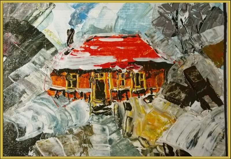 冬季山水林中屋小圖雪中屋油畫 - 壁貼/牆壁裝飾 - 其他材質 卡其色