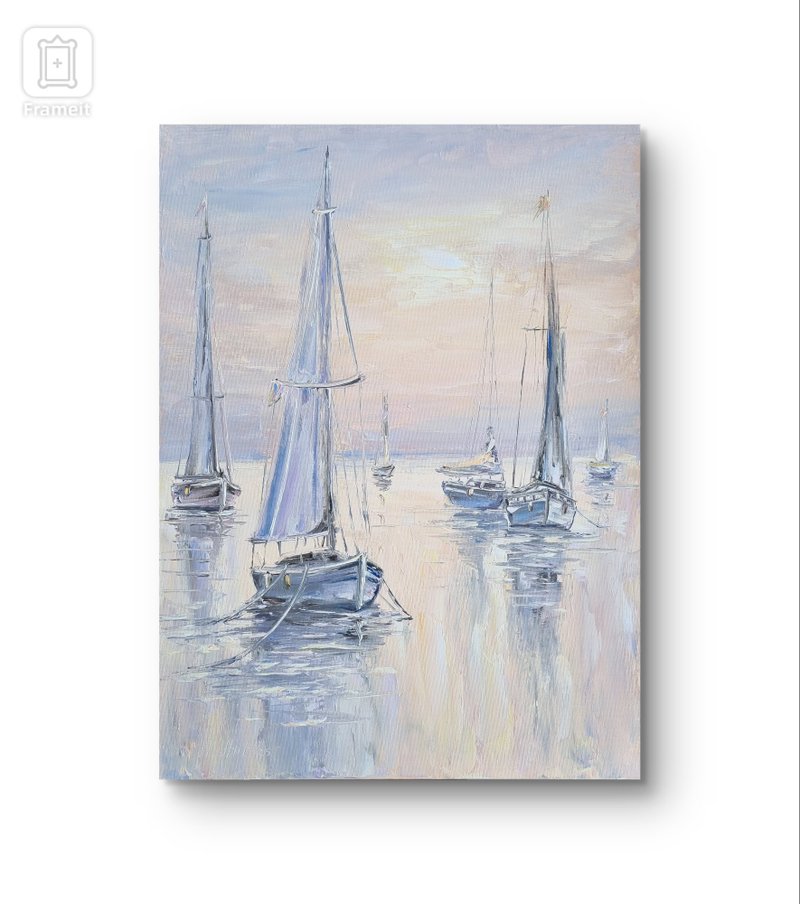 Seascape oil painting Original Art sailboat artwork Impasto painting - 壁貼/牆壁裝飾 - 棉．麻 灰色