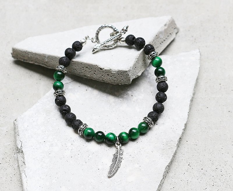 Feather Keeper love - couple male models green tiger eye Stone bracelet natural volcanic stone x personalize - Bracelets - Gemstone Green