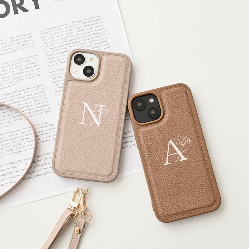 客製字母花卉手機殼 莫蘭迪色掛繩背殼 iPhone 手機背帶 JE05U - 手機殼/手機套 - 人造皮革 咖啡色