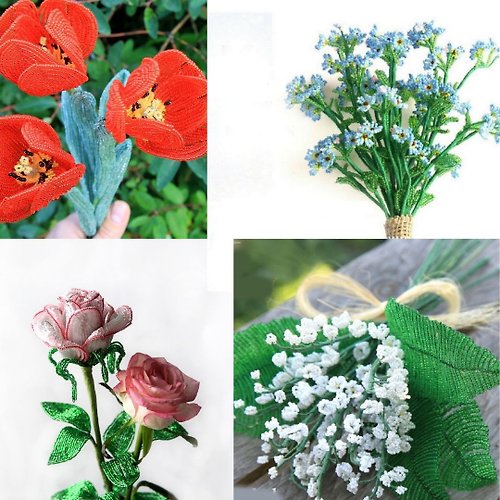 Beading tutorials and patterns Digital Download - PDF | Beaded Flowers pattern | Tulip, forget-me-not, rose, li