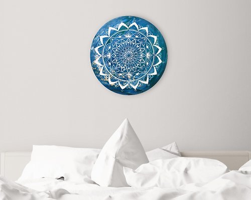 OmMandalaOm White round mandala Blue abstract sea Symbolic spiritual art Esoteric wall decor