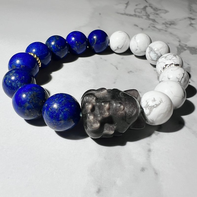 Lapis Lazuli White Silver Nine Tailed Fox Design Bracelet - Bracelets - Crystal Blue