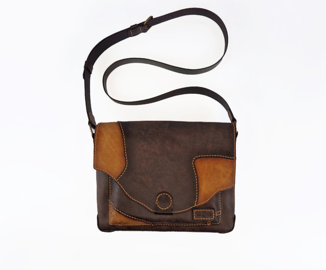 レザーメッセンジャーバッグ、クロスボディサッチェル、ブラウン