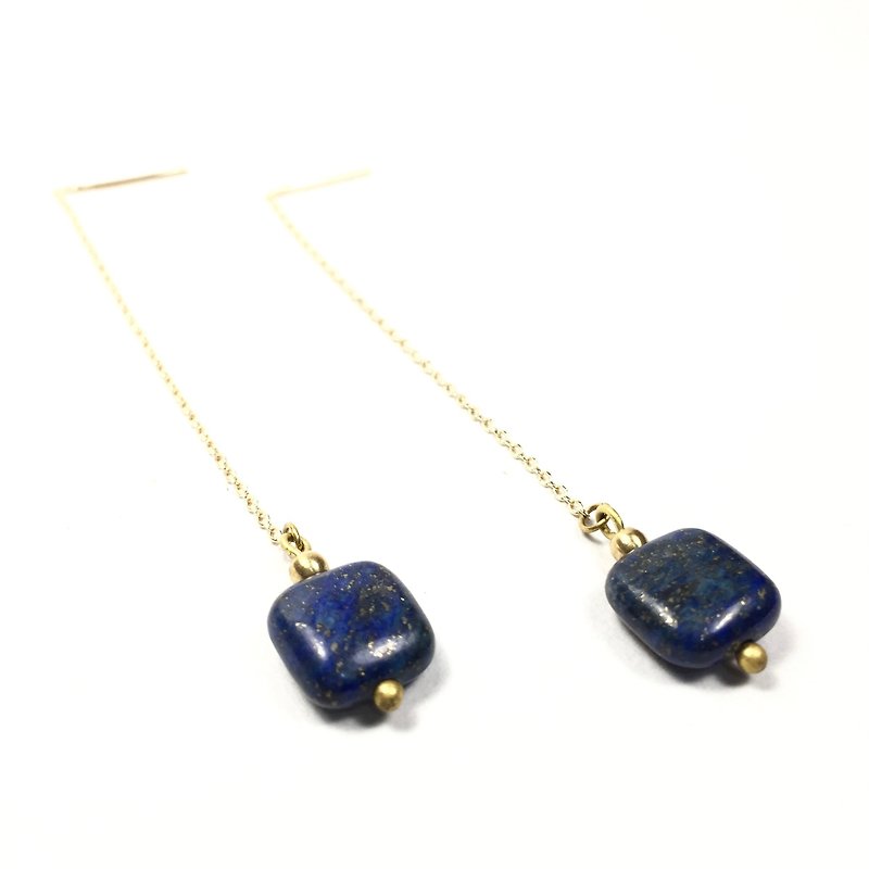 Denim lapis lazuli pendant chain 18k gold plated handmade earrings - Earrings & Clip-ons - Other Metals Blue